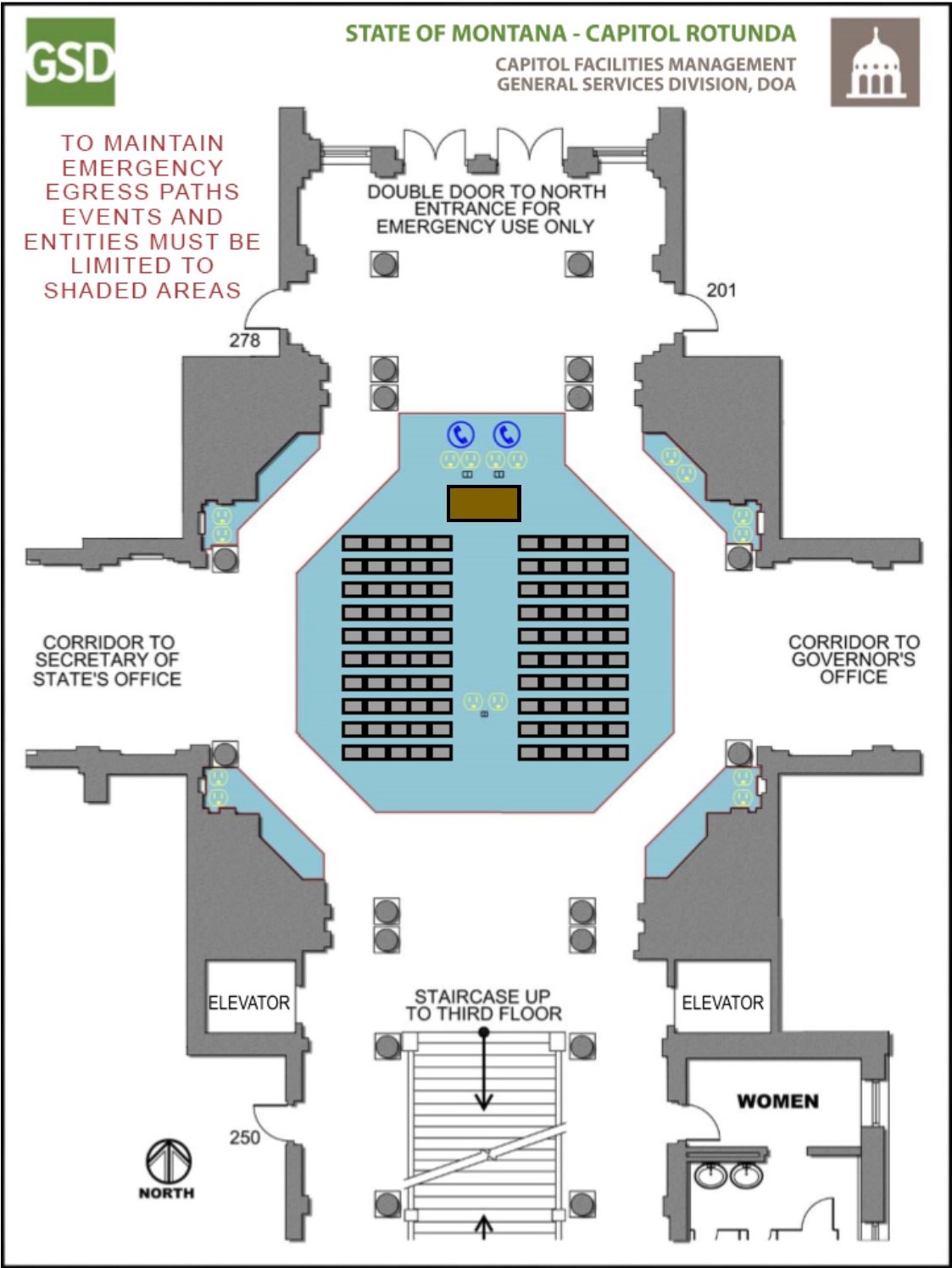 Table at front with up to 100 chairs in rows in the center of the Rotunda.