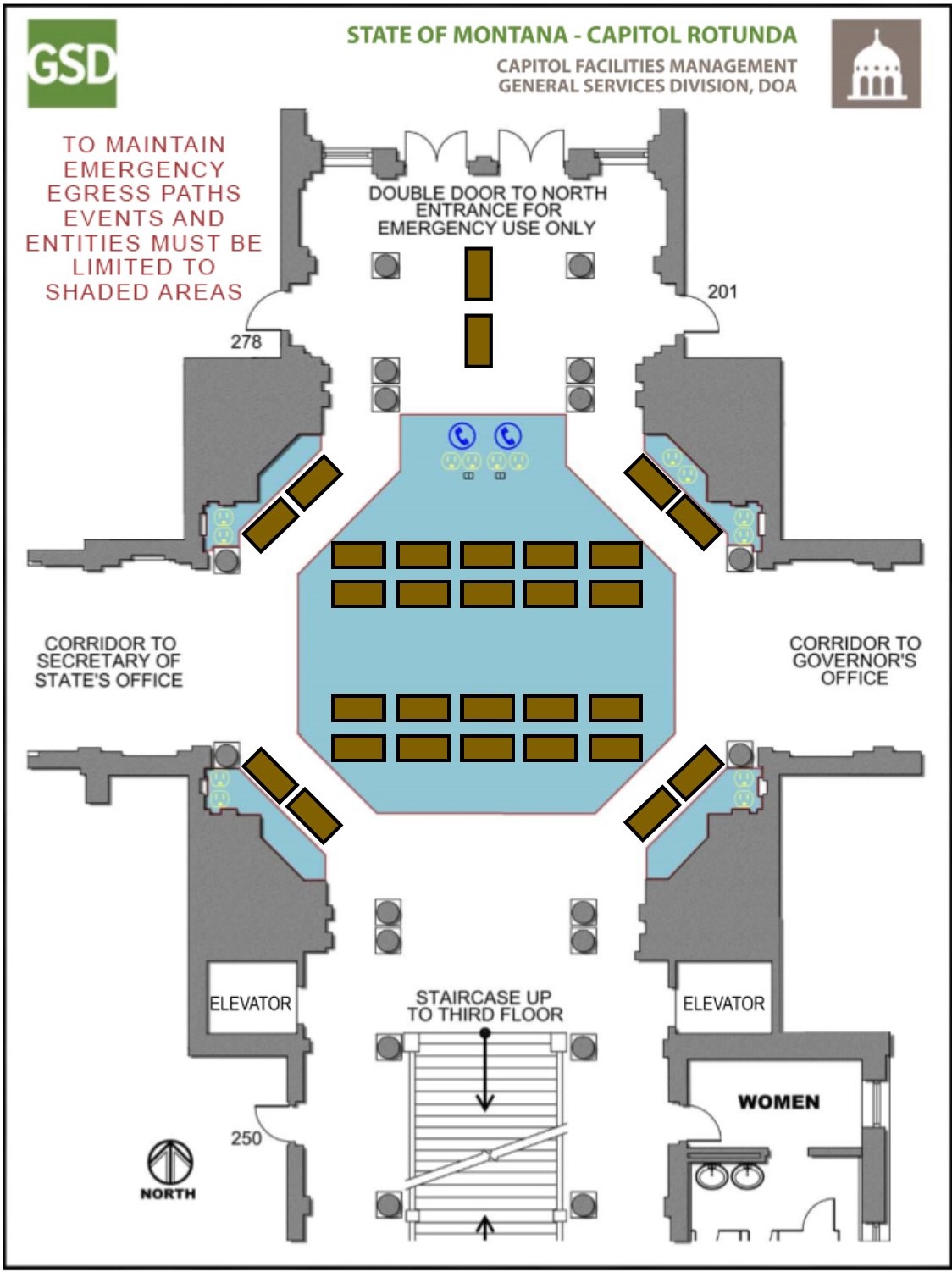 Tables at the entrance and in the four corners and center of the Rotunda.
