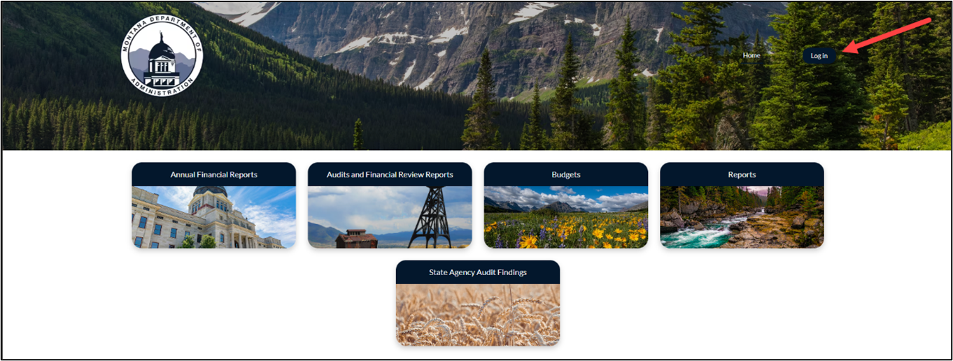 screenshot of the portal home page with an arrow pointing to the login button in the upper right-hand corner of the page