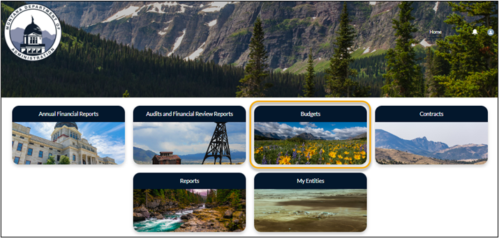 screenshot showing the Portal home page with the Budgets button highlighted