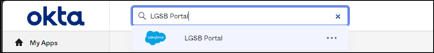 screenshot of the logged in Okta screen, showing the text 'LGSB Portal' entered into the search text input at the top of the screen