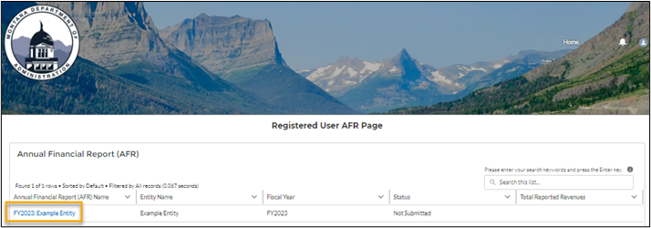 screenshot of the Annual Financial Reports page with a hyperlinked record highlighted