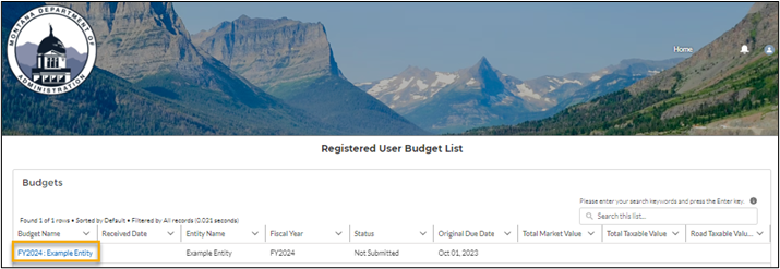 screenshot showing the Registered User Budget List with a hyperlinked record highlighted