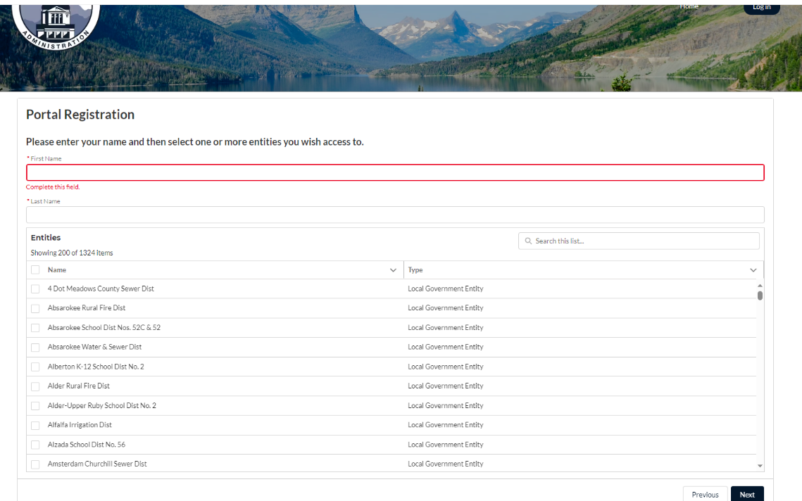 screenshot of the portal registration screen, showing input fields for entering your email address and last name, as well as a searchable list of selectable entities