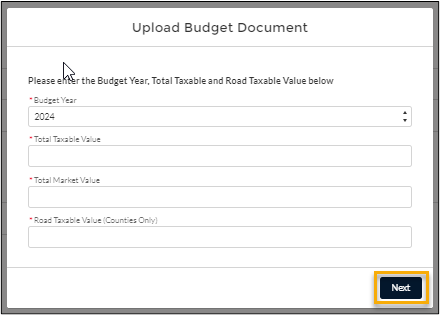 screenshot showing the 'Upload Budget Document' dialog with the Next button highlighted