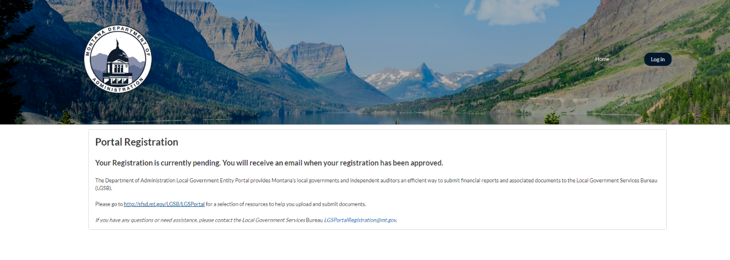 screenshot of the portal registration screen, showing a confirmation message that a user's portal registration is pending