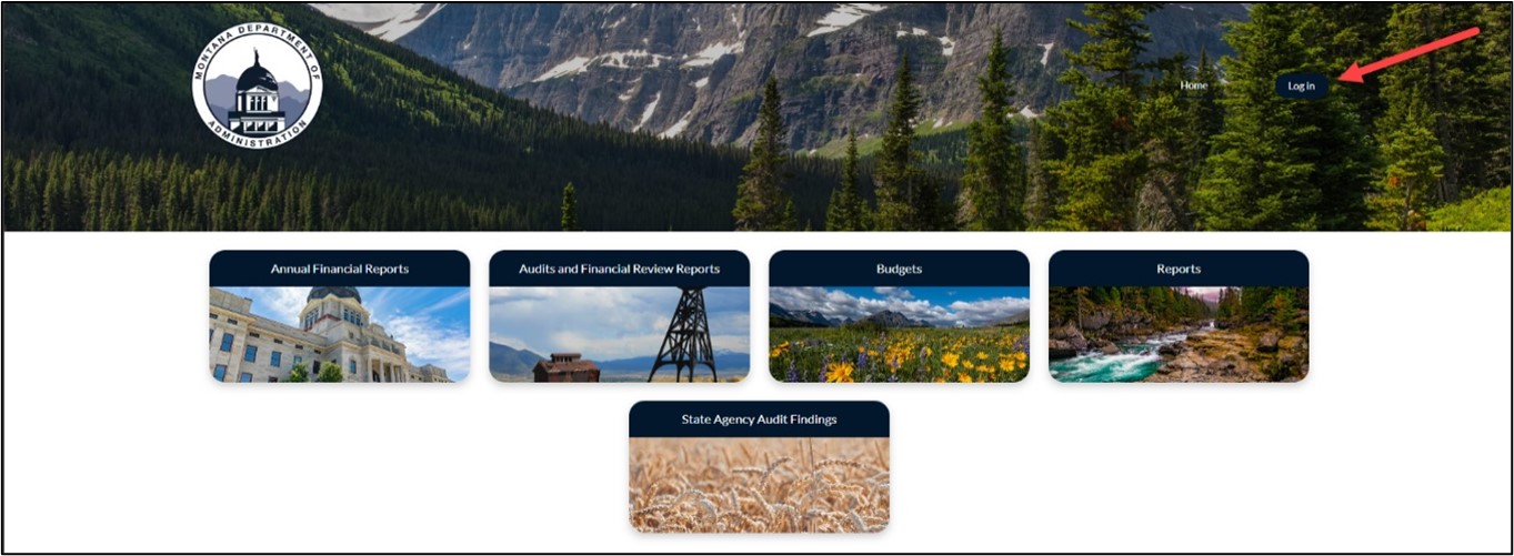 screenshot of the portal home page, showing an arrow pointing to the login button in the upper right-hand corner of the page