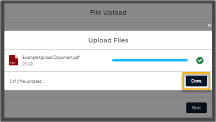 screenshot showing the 'Done' button highlighted on the 'Upload Files' dialog
