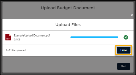 screenshot of the 'Upload Files' dialog showing a fully uploaded file, with the Done button highlighted