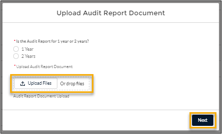 screenshot showing the 'Upload Audit Report Document' dialog with the 'Upload Files or drop files' button highlighted