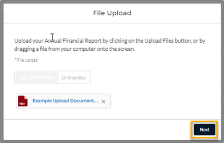screenshot showing the Next button highlighted in the 'File Upload' dialog