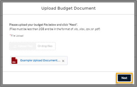 screenshot showing the 'Upload Budget Document' dialog with the Next button highlighted