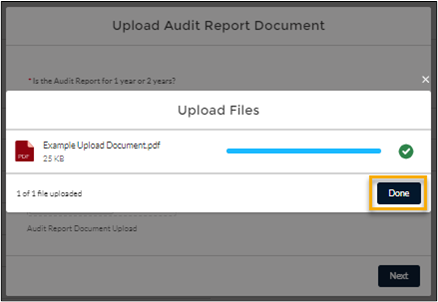 screenshot of the 'Upload Files' dialog showing a fully uploaded file, with the Done button highlighted