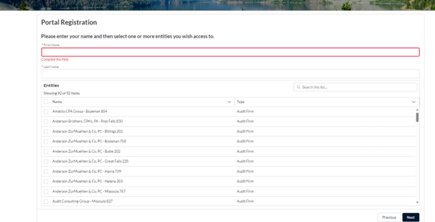 screenshot of the portal regisration, showing input fields for entering your first and last name, with a searchable list of selectable entities