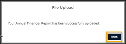 screenshot showing the Finish button highlighted in the 'File Upload' dialog