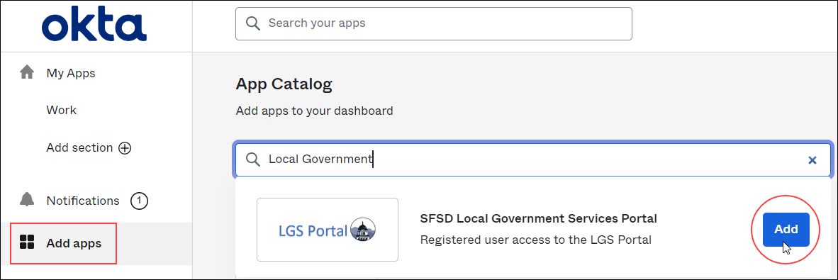 Adding the Local Government Services app to your applications in Okta