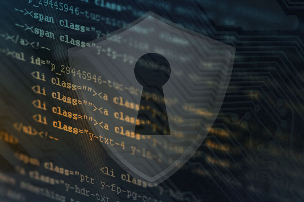 A computer screen showing about one dozen lines of code, with the silhouette of a transparent lock superimposed on top of it